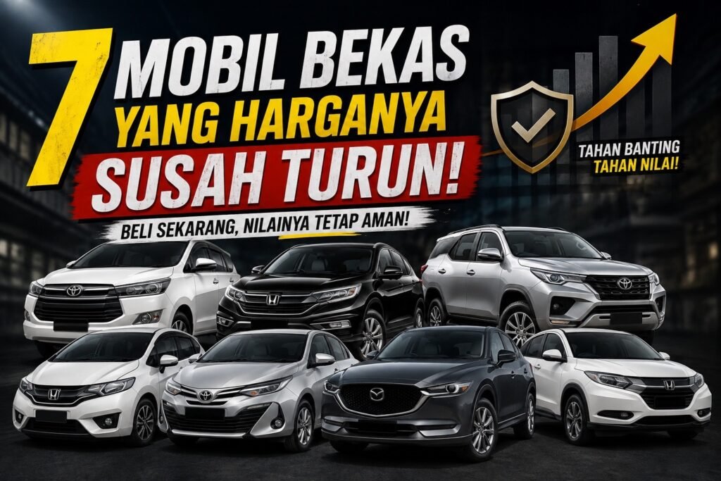 Thumbnail artikel “7 Mobil Bekas yang Harganya Susah Turun” menampilkan tujuh mobil bekas dengan grafik nilai yang meningkat dan pesan tentang mobil dengan harga jual kembali yang tetap kuat.
