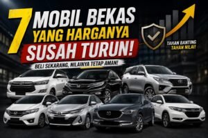 Thumbnail artikel “7 Mobil Bekas yang Harganya Susah Turun” menampilkan tujuh mobil bekas dengan grafik nilai yang meningkat dan pesan tentang mobil dengan harga jual kembali yang tetap kuat.