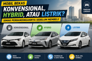 Perbandingan mobil bekas konvensional, hybrid, dan listrik dengan ilustrasi tiga kendaraan yang menampilkan perbedaan biaya perawatan, efisiensi energi, keandalan, dan nilai jual kembali.