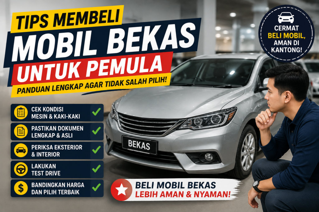Calon pembeli sedang memeriksa mobil bekas berwarna silver di showroom dengan panduan tips membeli mobil bekas untuk pemula yang mencakup pengecekan mesin, dokumen, kondisi kendaraan, dan test drive.