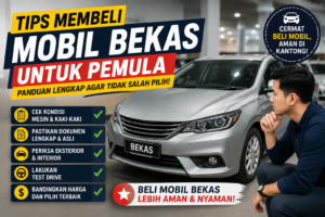 Calon pembeli sedang memeriksa mobil bekas berwarna silver di showroom dengan panduan tips membeli mobil bekas untuk pemula yang mencakup pengecekan mesin, dokumen, kondisi kendaraan, dan test drive.