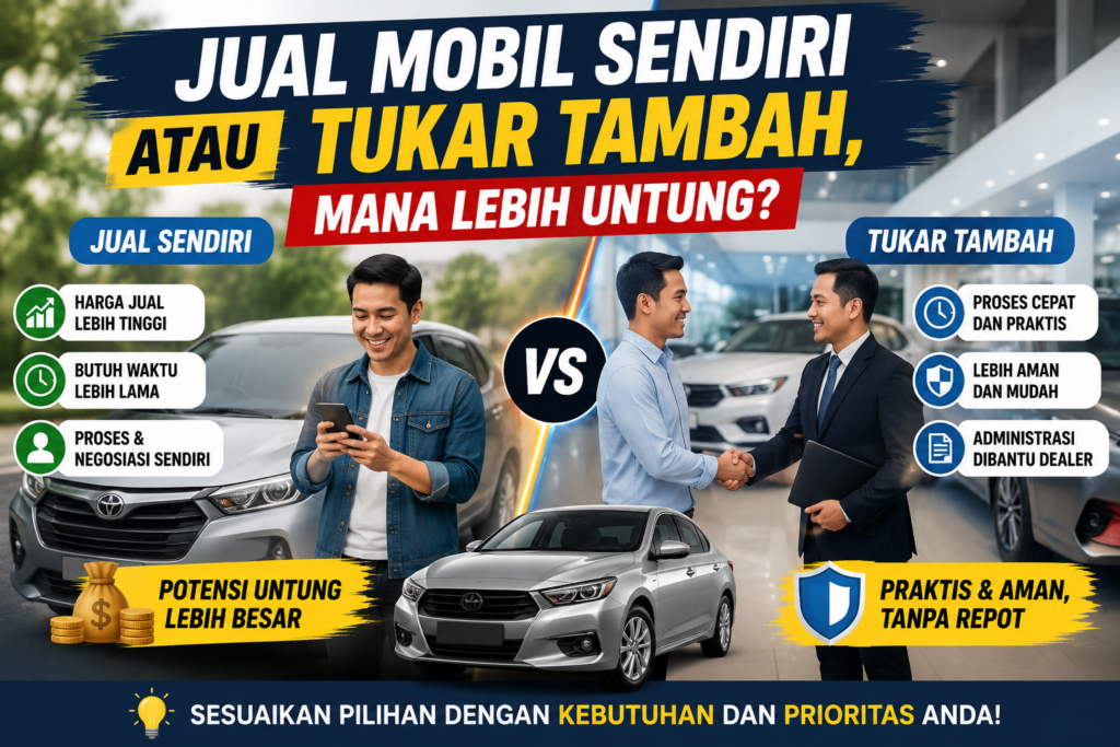 Ilustrasi perbandingan jual mobil sendiri dan tukar tambah mobil dengan showroom dealer, menampilkan keuntungan, proses penjualan, negosiasi, serta kemudahan trade in kendaraan bekas.