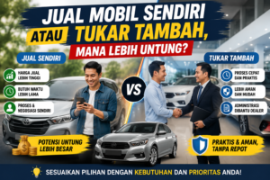 Ilustrasi perbandingan jual mobil sendiri dan tukar tambah mobil dengan showroom dealer, menampilkan keuntungan, proses penjualan, negosiasi, serta kemudahan trade in kendaraan bekas.