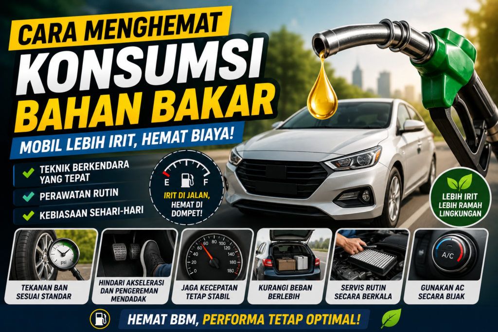 Ilustrasi mobil hemat bahan bakar dengan nozzle pengisian BBM, indikator konsumsi bahan bakar, dan tips mengemudi irit seperti menjaga tekanan ban, servis rutin, serta berkendara dengan kecepatan stabil.