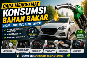 Ilustrasi mobil hemat bahan bakar dengan nozzle pengisian BBM, indikator konsumsi bahan bakar, dan tips mengemudi irit seperti menjaga tekanan ban, servis rutin, serta berkendara dengan kecepatan stabil.