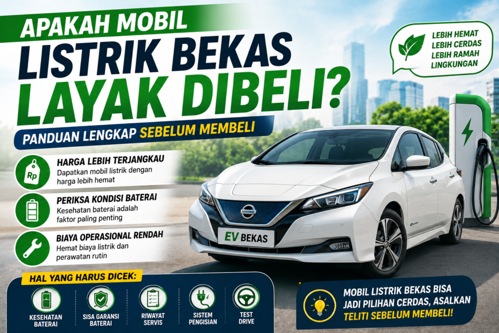 Mobil listrik bekas berwarna putih sedang mengisi daya di stasiun pengisian kendaraan listrik dengan informasi tentang kondisi baterai, biaya operasional, garansi, dan tips membeli mobil listrik bekas. Caption