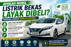 Mobil listrik bekas berwarna putih sedang mengisi daya di stasiun pengisian kendaraan listrik dengan informasi tentang kondisi baterai, biaya operasional, garansi, dan tips membeli mobil listrik bekas. Caption