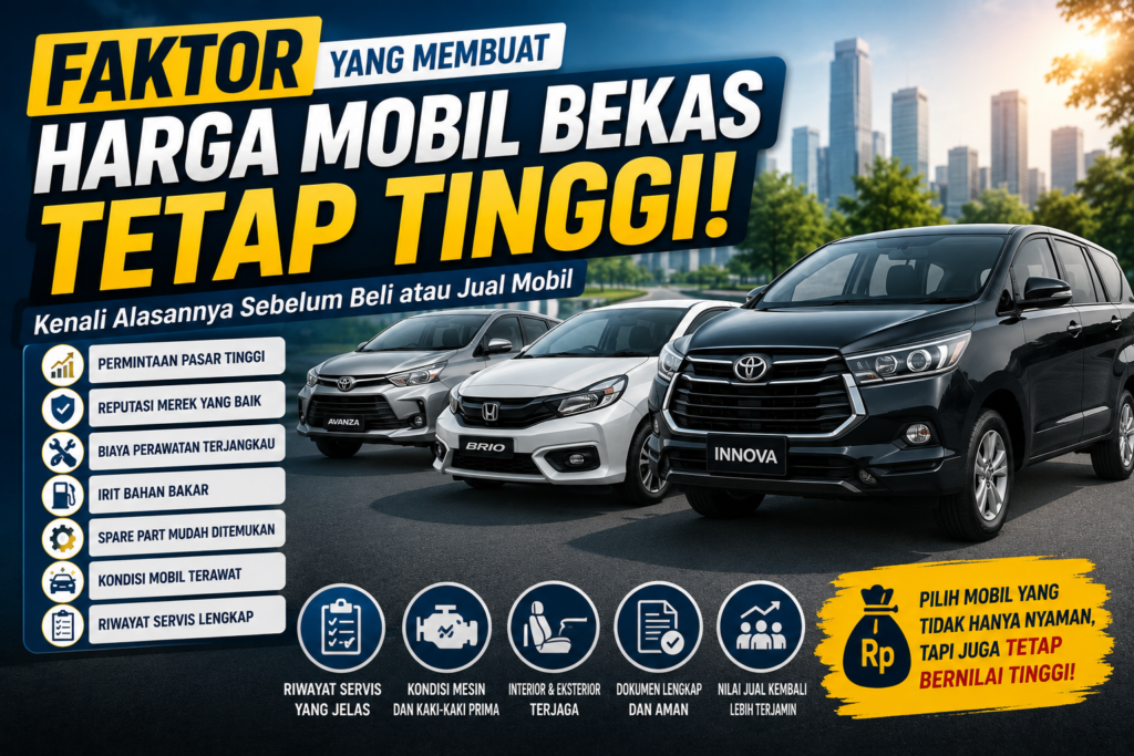 Ilustrasi beberapa mobil bekas populer seperti MPV dan city car dengan poin-poin faktor yang memengaruhi harga jual tetap tinggi, termasuk permintaan pasar, reputasi merek, biaya perawatan, efisiensi bahan bakar, dan nilai jual kembali.