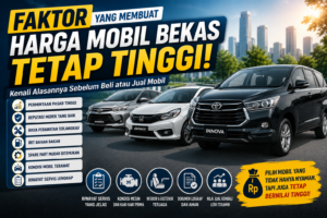 Ilustrasi beberapa mobil bekas populer seperti MPV dan city car dengan poin-poin faktor yang memengaruhi harga jual tetap tinggi, termasuk permintaan pasar, reputasi merek, biaya perawatan, efisiensi bahan bakar, dan nilai jual kembali.