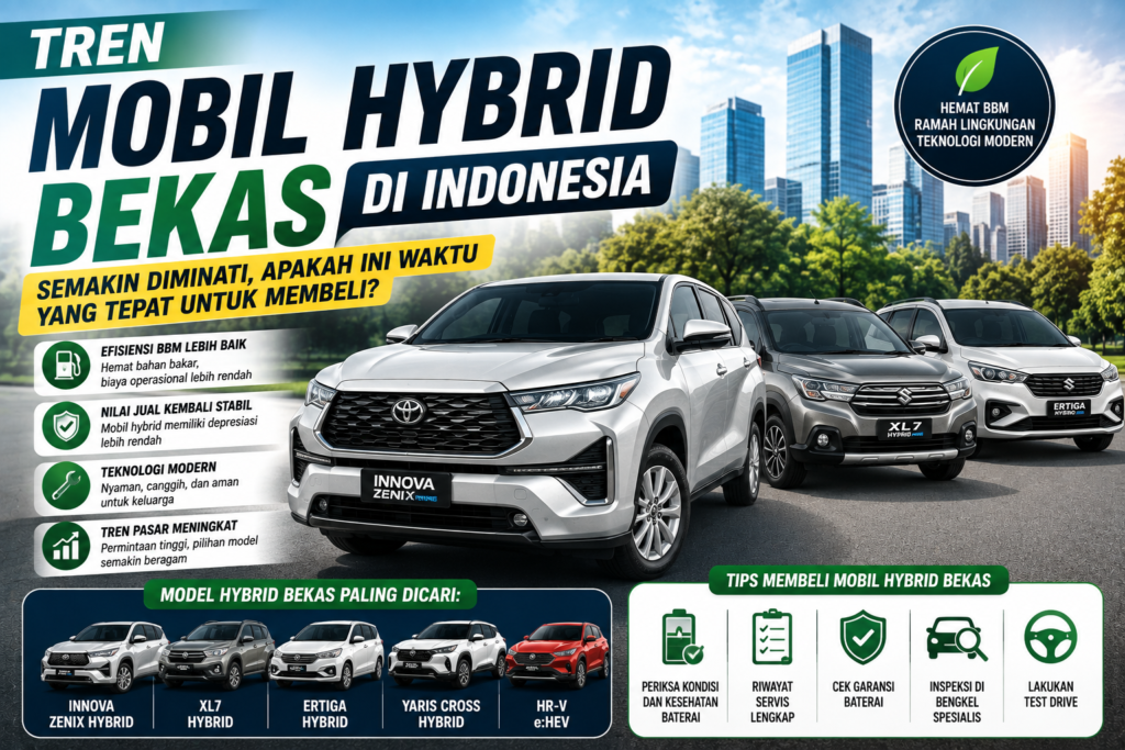 Deretan mobil hybrid bekas populer di Indonesia seperti Toyota Innova Zenix Hybrid, Suzuki XL7 Hybrid, Suzuki Ertiga Hybrid, Toyota Yaris Cross Hybrid, dan Honda HR-V e:HEV dengan informasi mengenai efisiensi bahan bakar, teknologi modern, dan nilai jual kembali yang stabil.