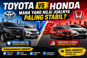 Thumbnail perbandingan Toyota dan Honda dengan latar biru dan merah, menampilkan Toyota Innova Reborn, Toyota Avanza, Honda Brio RS, dan Honda HR-V. Terdapat headline besar "Toyota vs Honda: Mana yang Nilai Jualnya Paling Stabil?" serta poin perbandingan nilai jual kembali, biaya perawatan, permintaan pasar, dan keandalan kendaraan.