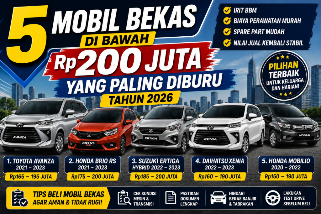Thumbnail artikel otomotif yang menampilkan lima mobil bekas populer di bawah Rp200 juta, yaitu Toyota Avanza, Honda Brio RS, Suzuki Ertiga Hybrid, Daihatsu Xenia, dan Honda Mobilio. Desain menampilkan headline besar "5 Mobil Bekas di Bawah Rp200 Juta yang Paling Diburu Tahun 2026" lengkap dengan kisaran harga, keunggulan kendaraan, dan tips membeli mobil bekas agar aman dan tidak rugi.
