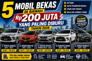 Thumbnail artikel otomotif yang menampilkan lima mobil bekas populer di bawah Rp200 juta, yaitu Toyota Avanza, Honda Brio RS, Suzuki Ertiga Hybrid, Daihatsu Xenia, dan Honda Mobilio. Desain menampilkan headline besar "5 Mobil Bekas di Bawah Rp200 Juta yang Paling Diburu Tahun 2026" lengkap dengan kisaran harga, keunggulan kendaraan, dan tips membeli mobil bekas agar aman dan tidak rugi.