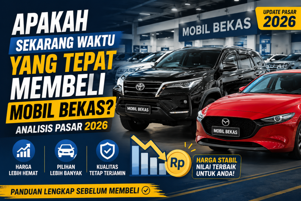 Thumbnail artikel otomotif menampilkan SUV hitam dan hatchback merah di showroom mobil bekas dengan judul "Apakah Sekarang Waktu yang Tepat Membeli Mobil Bekas?" serta informasi analisis pasar mobil bekas tahun 2026.