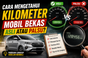Thumbnail artikel tentang cara mengetahui kilometer mobil bekas asli atau palsu, menampilkan perbandingan odometer asli dan palsu dengan indikator hijau dan merah, mobil bekas warna silver, kaca pembesar, serta checklist pemeriksaan kendaraan.