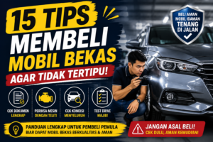 Seorang pria sedang memeriksa kondisi mobil bekas berwarna abu-abu menggunakan senter di showroom. Terdapat tulisan besar "15 Tips Membeli Mobil Bekas Agar Tidak Tertipu" serta ikon pengecekan dokumen, mesin, kondisi kendaraan, dan test drive.