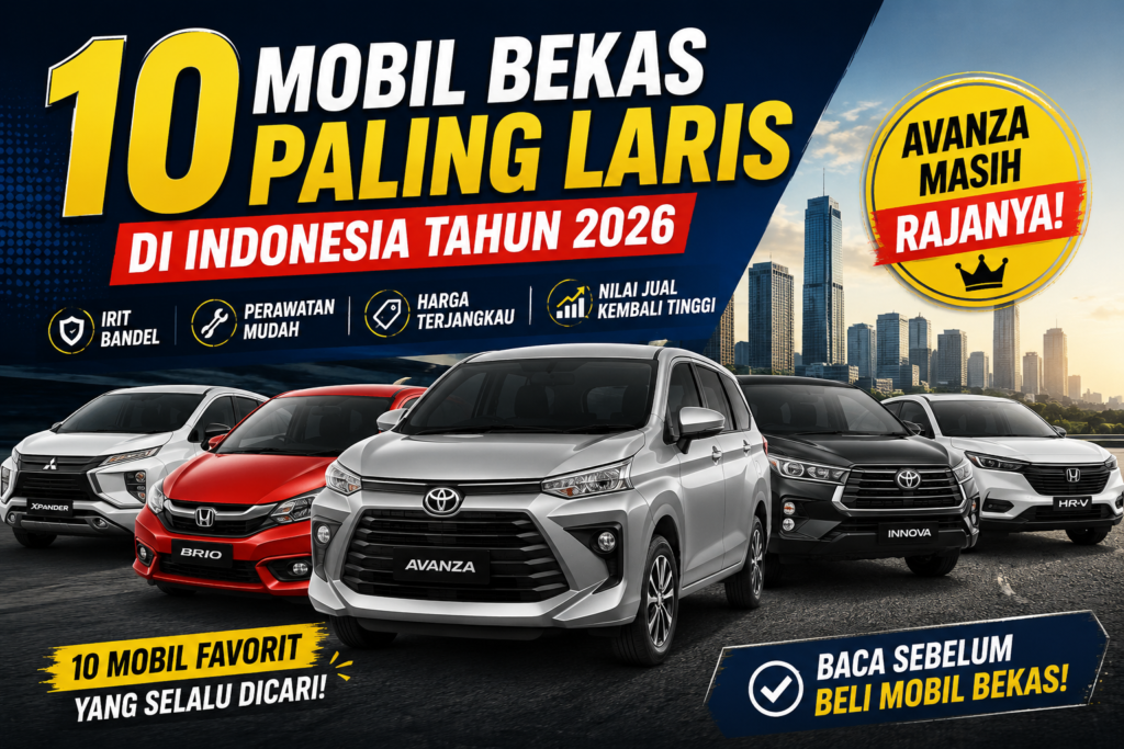 Thumbnail artikel yang menampilkan Toyota Avanza, Honda Brio, Mitsubishi Xpander, Toyota Innova, dan Honda HR-V sebagai mobil bekas paling laris di Indonesia tahun 2026 dengan latar kota modern dan teks promosi.