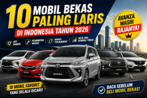 Thumbnail artikel yang menampilkan Toyota Avanza, Honda Brio, Mitsubishi Xpander, Toyota Innova, dan Honda HR-V sebagai mobil bekas paling laris di Indonesia tahun 2026 dengan latar kota modern dan teks promosi.