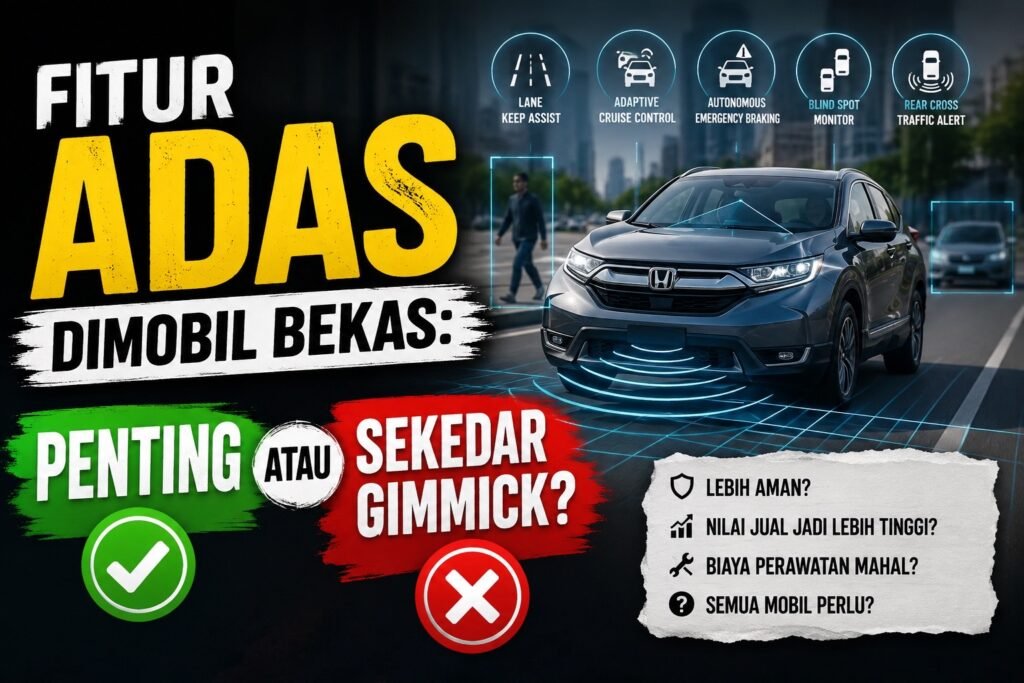 Fitur ADAS pada mobil bekas dengan teknologi lane keep assist, adaptive cruise control, blind spot monitor, dan autonomous emergency braking.