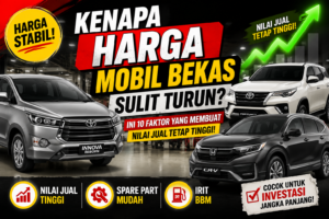 Thumbnail artikel yang menampilkan Toyota Innova Reborn, Fortuner, dan Honda CR-V dengan judul "Kenapa Harga Mobil Bekas Sulit Turun?" serta ilustrasi grafik nilai jual yang tetap tinggi.