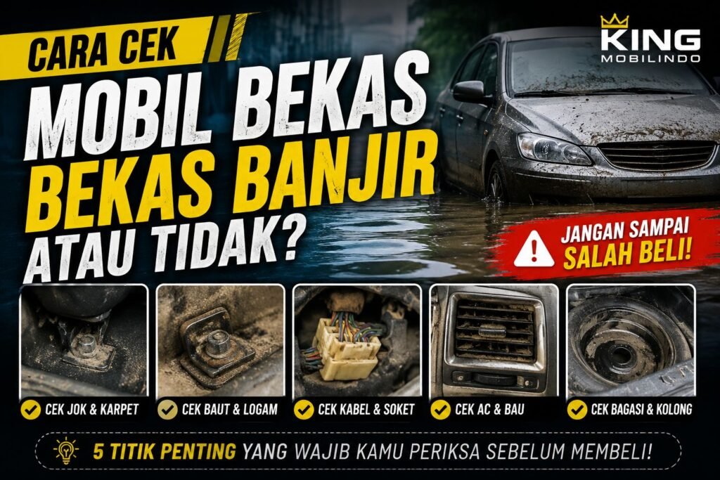 Thumbnail mobil bekas terendam banjir dengan panduan mengecek jok, karpet, baut, kabel, AC, bagasi, dan kolong mobil.